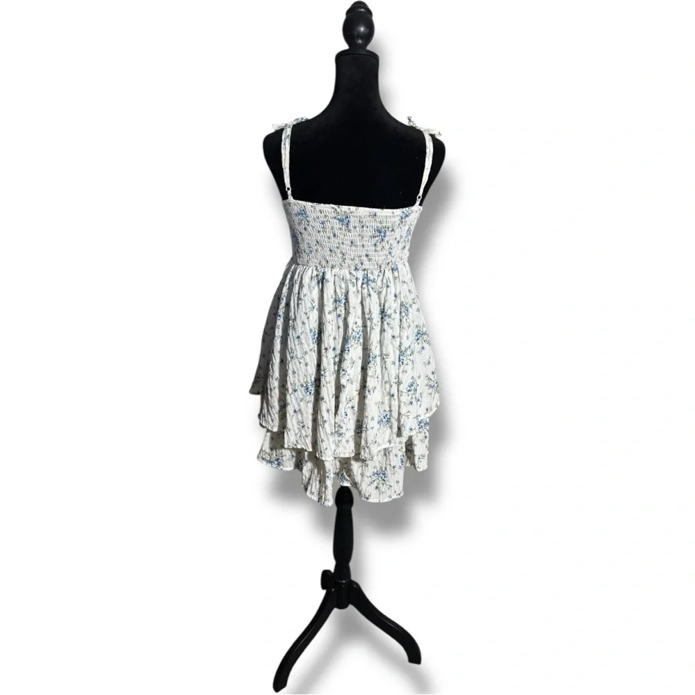 Unbranded White and Blue Floral Layered Tie Straps Empire Waist Babydoll Dress